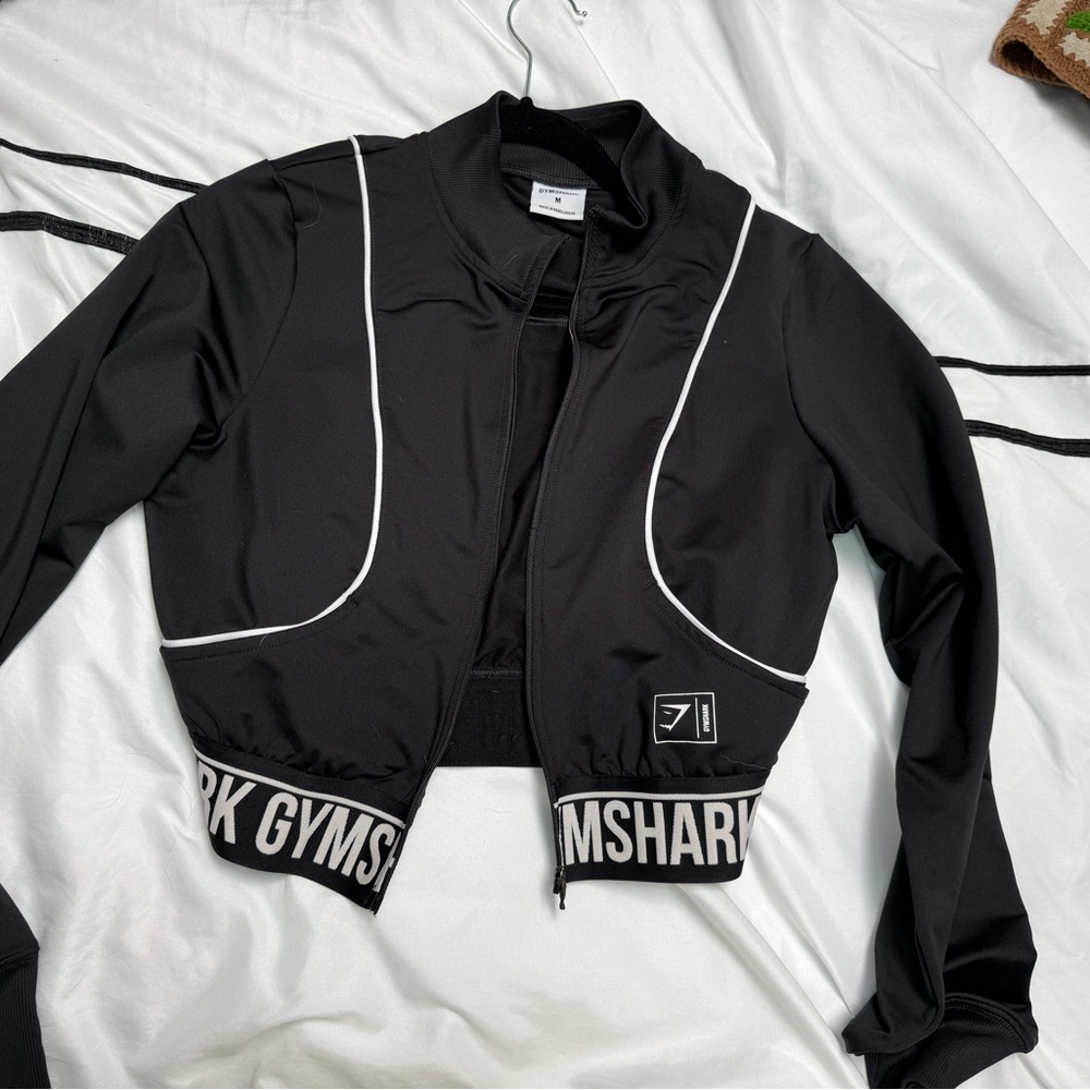 Gymshark Black Cropped Bomber Jacket with White Piping